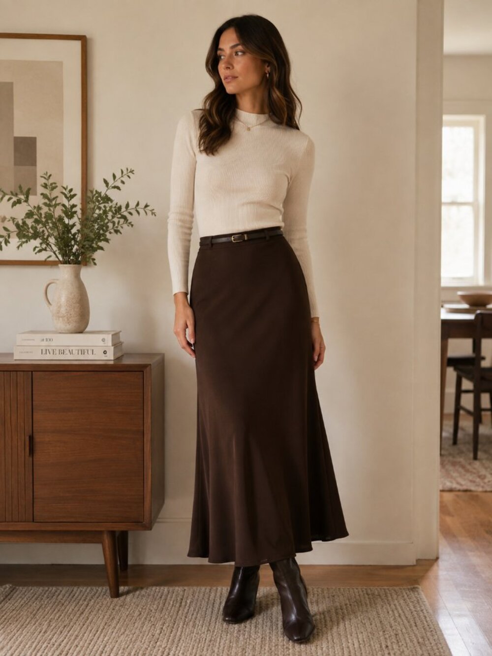 Vintage Chocolate Brown Crepe Maxi Skirt Minimalist S ✨
